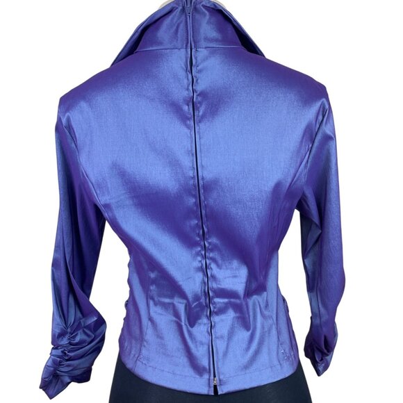 Tadashi Womens Purple Ruched Satin Long-Sleeve Blouse Top Zip Back Sz 10 - Picture 3 of 8